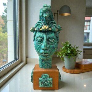 Vintage 80's Green Gold Zarebski Malachite Warrior Head Bust on Wooden Base